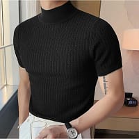 Summer new casual simple knitted base shirt European and American men's high neck water ripple solid color T-shirt