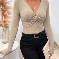 S1eaeca203123408cbd2d6a077e673e4bM.webp Ribbed Twist Front Sweater Women | V-Neck Knit Top