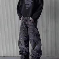 Flame Jeans Men Embroidered Wide Leg
