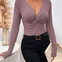S3ac790ea3685450282f566996b65b0966.webp Ribbed Twist Front Sweater Women | V-Neck Knit Top