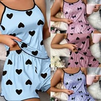 S3bf18b910aca4c48938b8c4491e331916.webp Women's Heart Print Pajama Set | Cami Top Shorts PJs