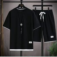 S5c130d22e0dd4fc9898e3a666d6d6bd2j.webp Men's Waffle Texture Set Coral | T-Shirt Shorts Outfit