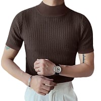 Summer new casual simple knitted base shirt European and American men's high neck water ripple solid color T-shirt