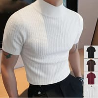 Summer new casual simple knitted base shirt European and American men's high neck water ripple solid color T-shirt