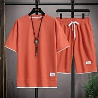 Sd3edcc0620db4ffea223b7a94fd9a66aE.webp Men's Waffle Texture Set Coral | T-Shirt Shorts Outfit