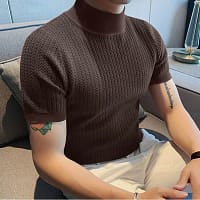 Summer new casual simple knitted base shirt European and American men's high neck water ripple solid color T-shirt