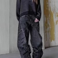 Flame Jeans Men Embroidered Wide Leg
