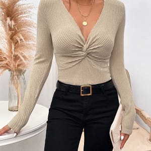 S90b139bff1c24ffbab9853581a8448d2w.webp Ribbed Twist Front Sweater Women | V-Neck Knit Top