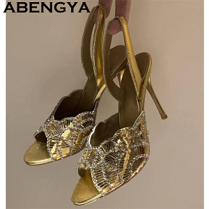 Sd38044d55531424cafd9a098910b7fdam.webp Gold Sequin High Heels | Stiletto Sandals Women - Shop Mania