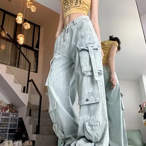 Sef6e11ac718e459a98e68ade657133901.webp Blue Cargo Jeans Women Multi Pocket Baggy