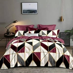 luxury burgundy geometric bedding set with gold accents