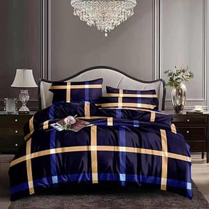 luxury navy blue satin bedding set with gold plaid king size