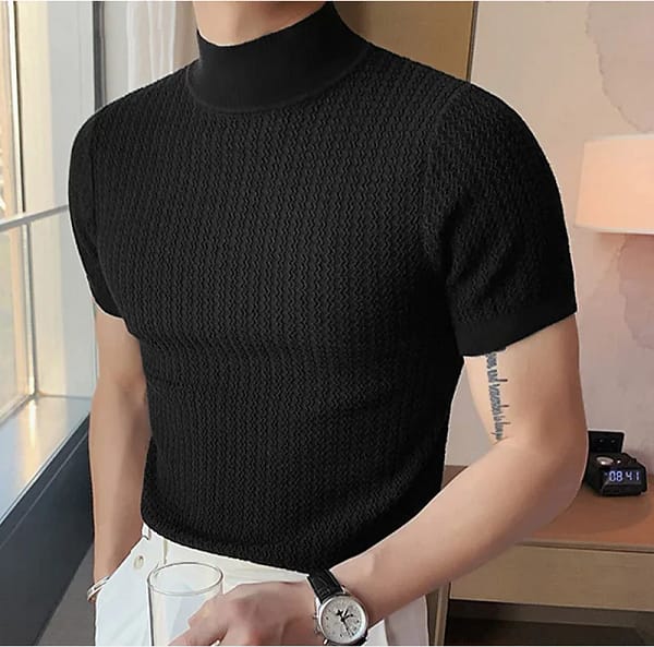 Summer new casual simple knitted base shirt European and American men's high neck water ripple solid color T-shirt