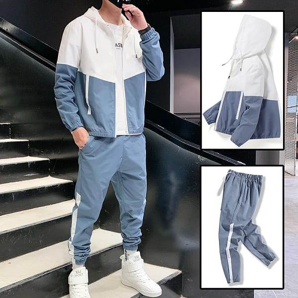 Men Tracksuit Set Blue Color Block Joggers