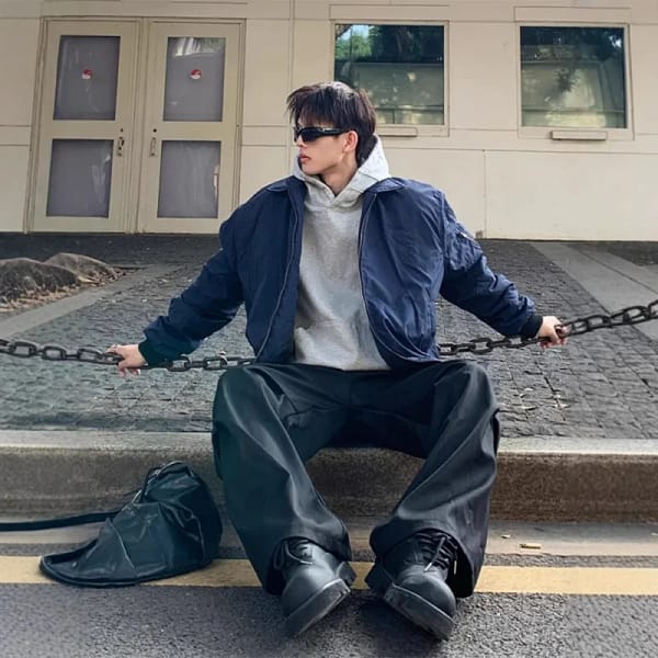 Black Bomber Jacket Men Streetwear Oversized