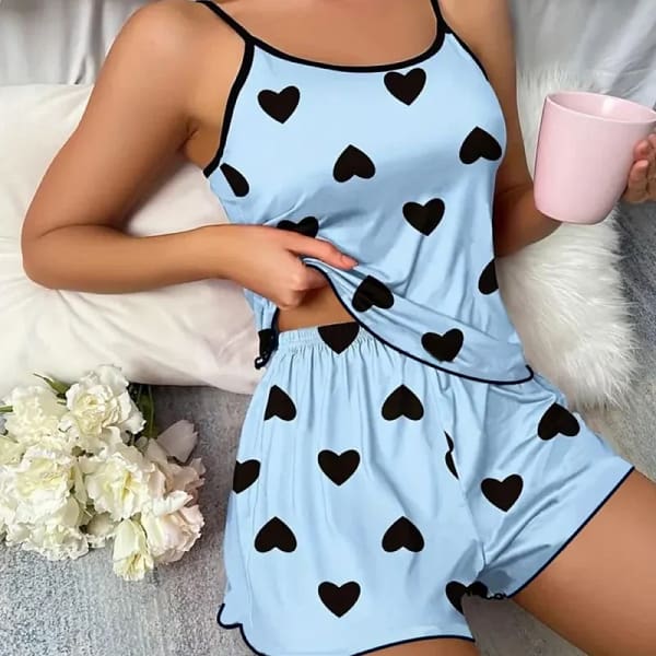 S2019e2933d6448f2af6aad7f06eac55dG.webp Women's Heart Print Pajama Set | Cami Top Shorts PJs
