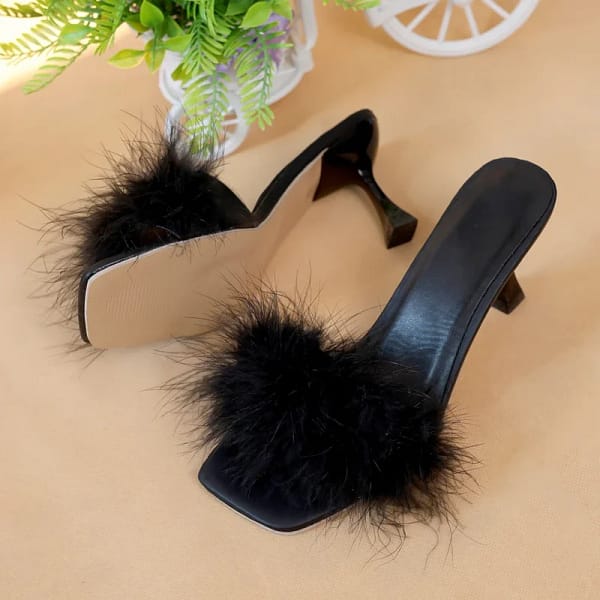 Black Feather Heels Slingback Kitten Heel