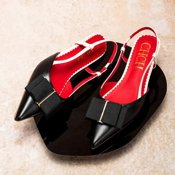 Black Bow Heels Slingback Pointed Toe