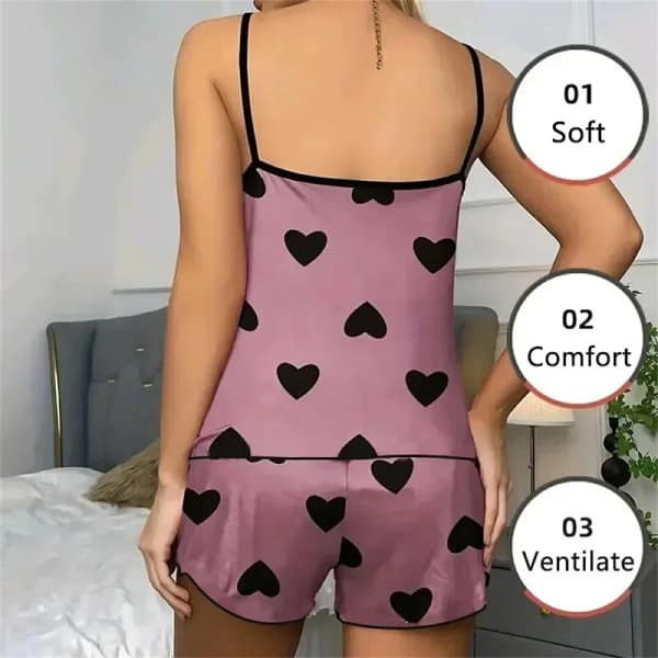 S7ab4010ce1184fee9b7064deb21e0cb6q.webp Women's Heart Print Pajama Set | Cami Top Shorts PJs