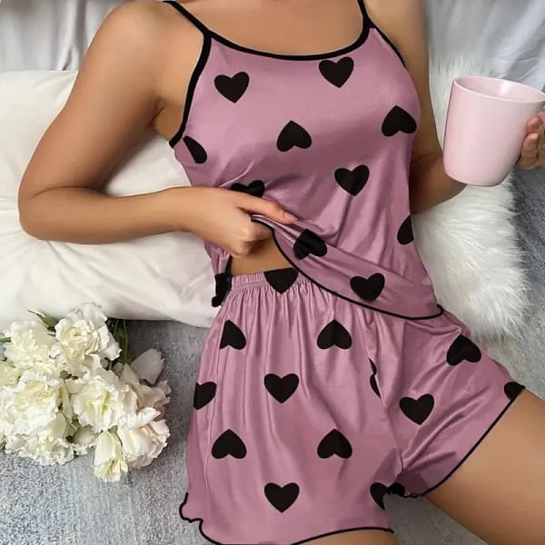 S838d05ea456844f9af62279a199c053aJ.webp Women's Heart Print Pajama Set | Cami Top Shorts PJs