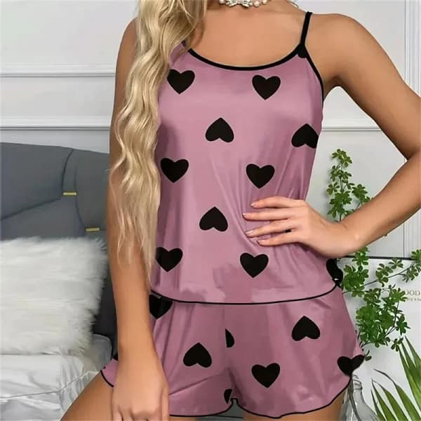 S84616ac5ff2e452aa3a2acb8cdf47621K.webp Women's Heart Print Pajama Set | Cami Top Shorts PJs