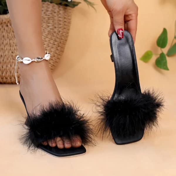 Black Feather Heels Slingback Kitten Heel