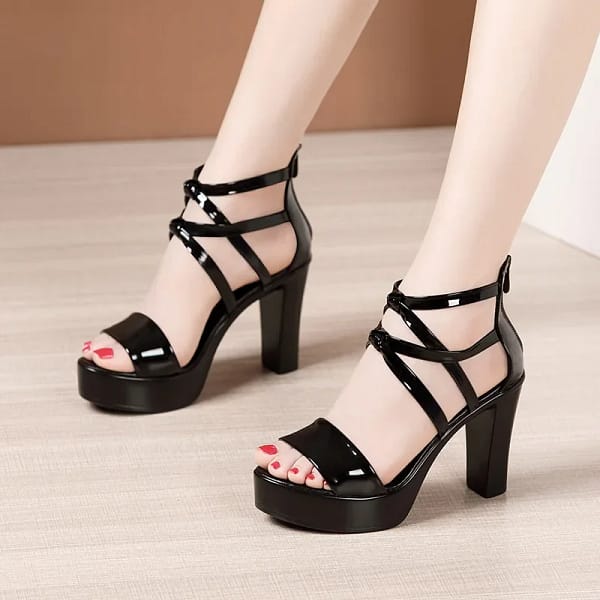 Black Platform Sandals Strappy Block Heel