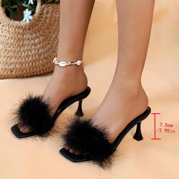 Black Feather Heels Slingback Kitten Heel
