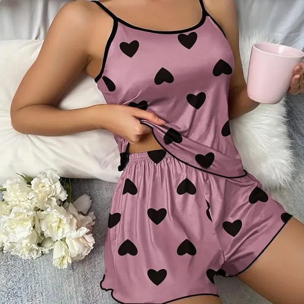 Sa51c08c62f024dcb91823627cc0d8091p.webp Women's Heart Print Pajama Set | Cami Top Shorts PJs