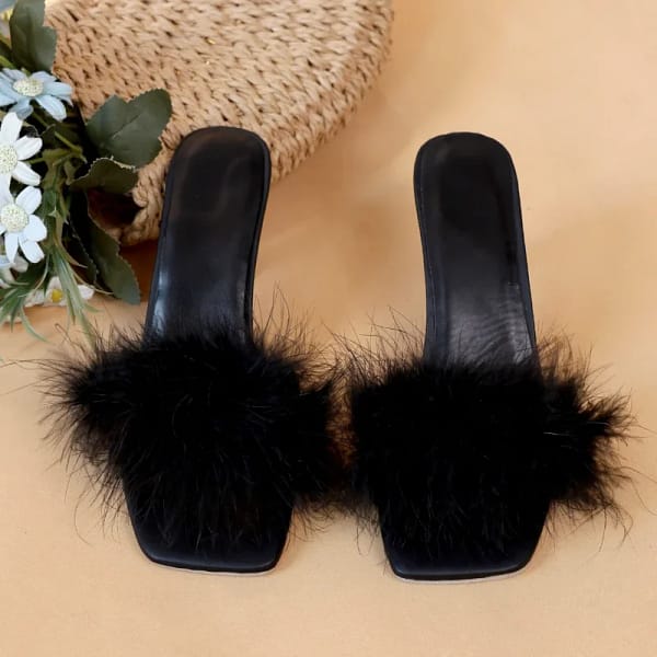 Black Feather Heels Slingback Kitten Heel