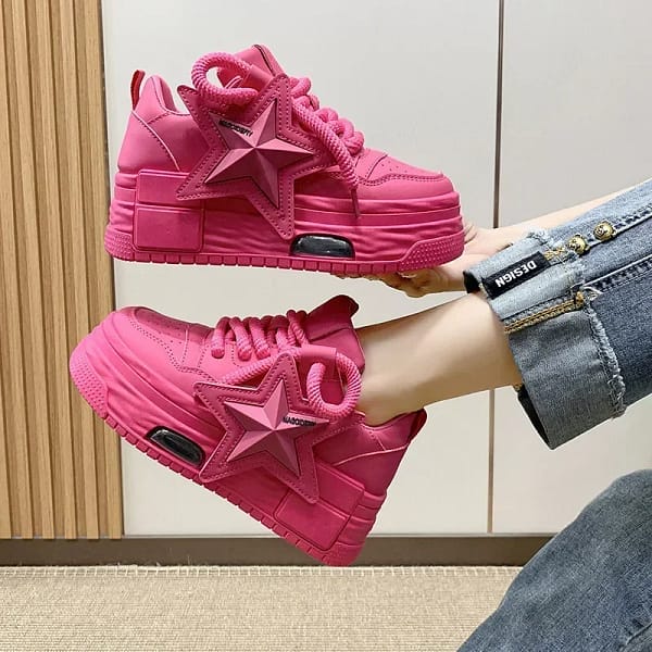 Pink Platform Star Sneakers Women | Chunky Sole Shoes