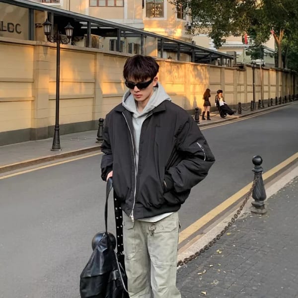 Black Bomber Jacket Men Streetwear Oversized