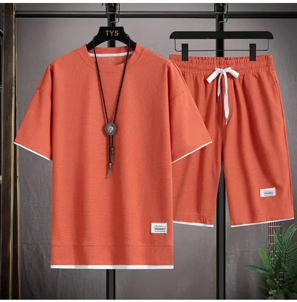 Sd3edcc0620db4ffea223b7a94fd9a66aE.webp Men's Waffle Texture Set Coral | T-Shirt Shorts Outfit