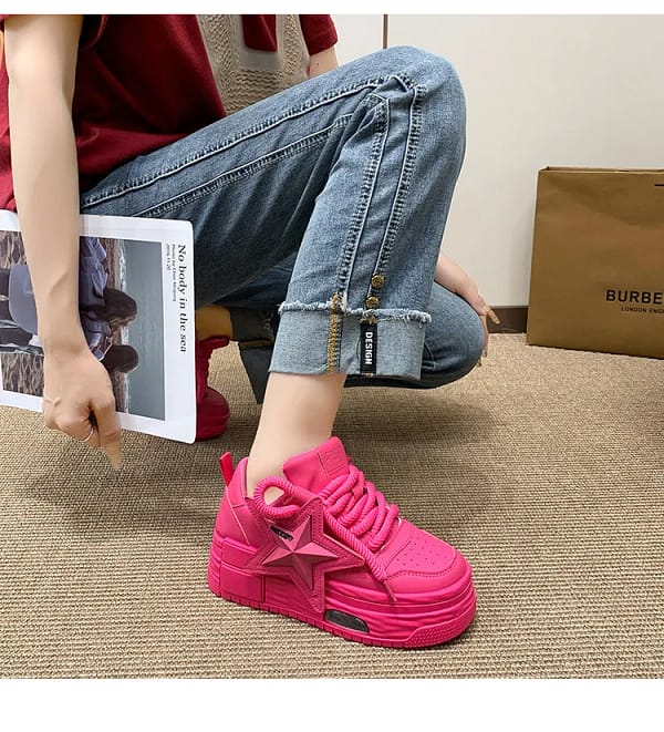 Pink Platform Star Sneakers Women | Chunky Sole Shoes