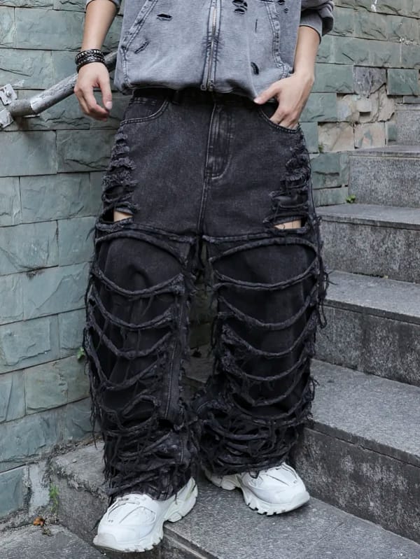 Shredded Black Jeans Men Ripped Punk Style