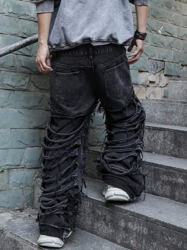 Shredded Black Jeans Men Ripped Punk Style