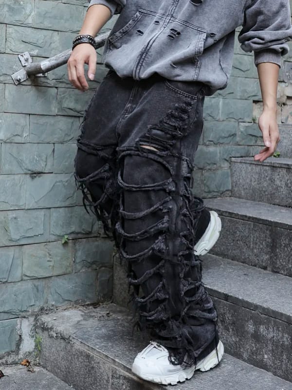 Shredded Black Jeans Men Ripped Punk Style