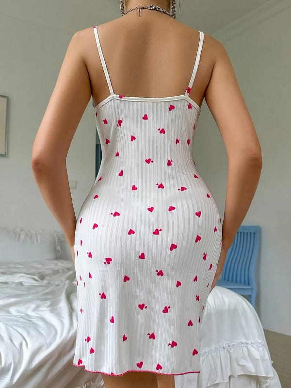 Heart Print Nightgown Women | Lace Trim Sleep Dress