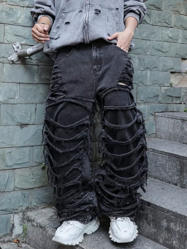 Shredded Black Jeans Men Ripped Punk Style