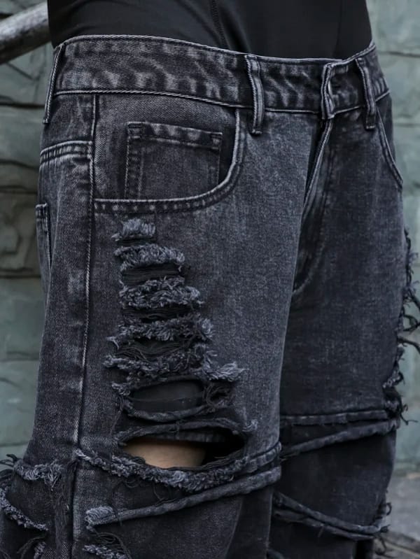 Shredded Black Jeans Men Ripped Punk Style