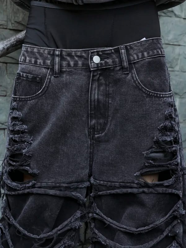 Shredded Black Jeans Men Ripped Punk Style
