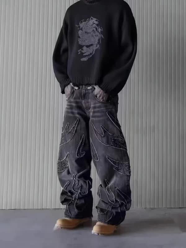 Flame Jeans Men Embroidered Wide Leg