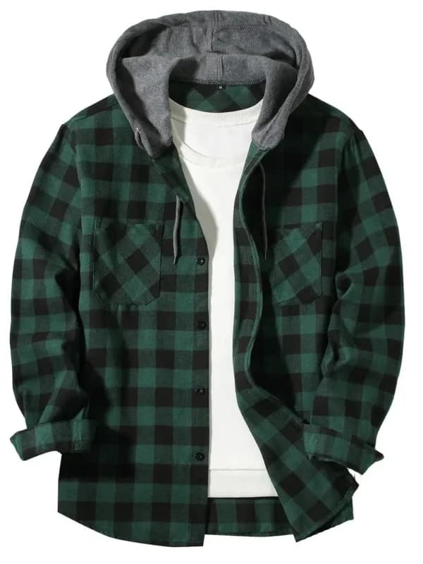 Green Plaid Hooded Shirt Men | Flannel Jacket - Becon Stores