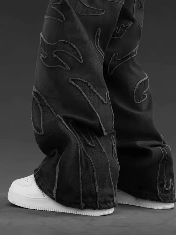 Flame Jeans Men Embroidered Wide Leg