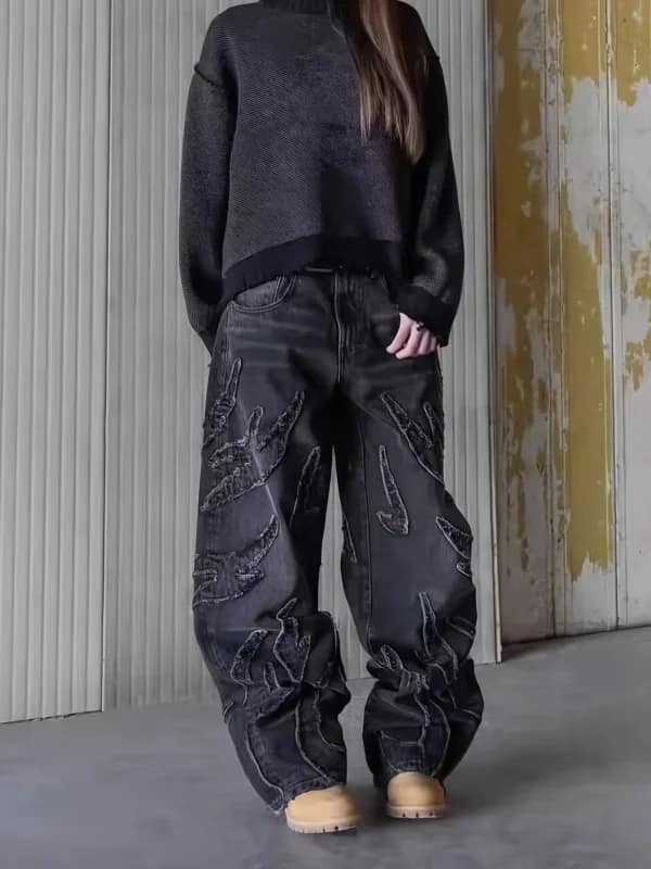 Flame Jeans Men Embroidered Wide Leg